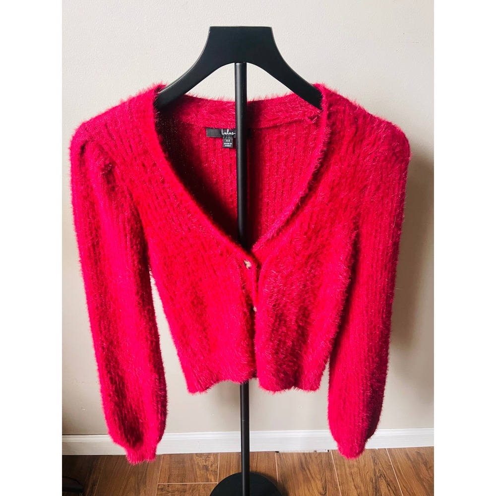Lulus Hot Pink Fuzzy Cropped Cardigan Sweater V-Neck Eyelash Knit chic cozy XS